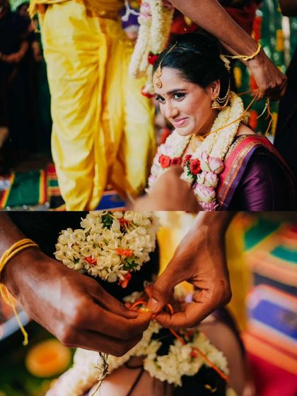 A close-up of the sacred thread being tied during the wedding ceremony, a significant ritual in Hindu weddings. The bride's emotional expression adds depth to the moment.