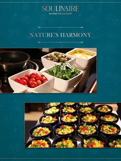 A collage showcasing nature's harmony, with fresh salad bars and corn salads. We use the best of nature's bounty to create our wellness menus.