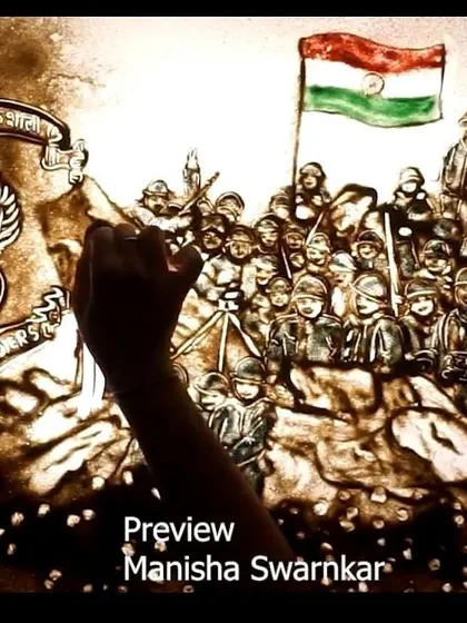 "Sarvada Shaktishali." A powerful frame from an Independence Day project for the Indian Army, showing my hand adding the final touches to a scene filled with soldiers and our national flag.