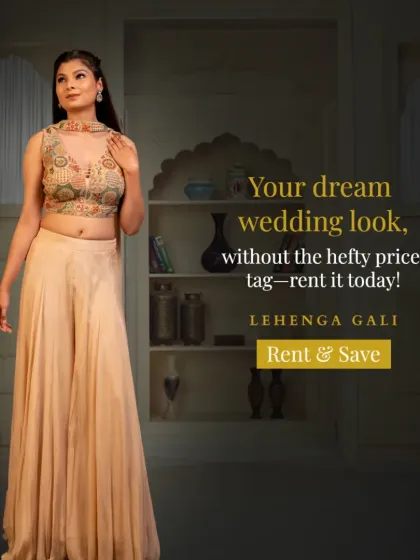 Get your dream wedding guest look by renting this elegant beige palazzo set. The embroidered crop top adds a touch of glamour to this comfortable and stylish outfit.