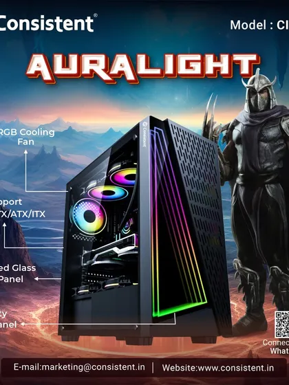 Our Auralight gaming cabinet combines a sleek black finish with an infinity light panel for a stunning visual effect. It supports up to ATX motherboards, includes three fixed-color fans, and has a tempered glass side panel to display your hardware.