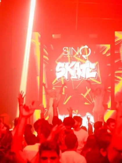 The crowd at Sin Q Goa with their hands up, bathed in red light. This was a night of pure commercial and Bollywood bangers that kept the floor full.
