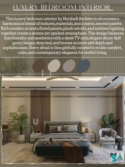 This design board illustrates the material and color palette for one of our luxury bedroom projects. We combined rich wood, fluted panels, plush velvets, and warm neutral tones to create a serene yet opulent atmosphere.