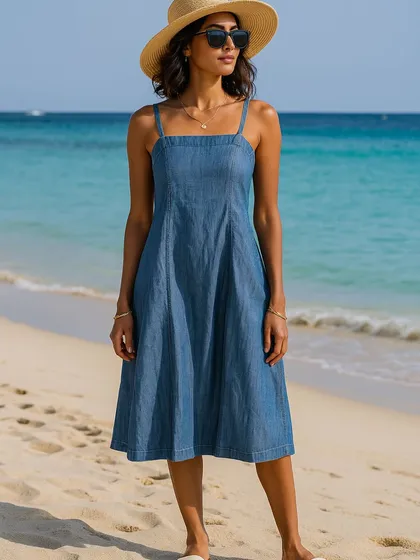 We love a classic, and this denim sundress is a summer essential you'll wear again and again. Featuring a simple square neckline and A-line silhouette, this midi dress is perfect for a relaxed beach day or a casual city stroll. It's a versatile piece that embodies breezy, coastal style.