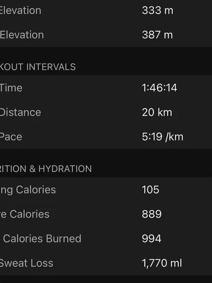 The details of my 20km run, showing an estimated sweat loss of 1.77 liters. This is critical information for planning my hydration and recovery strategy.