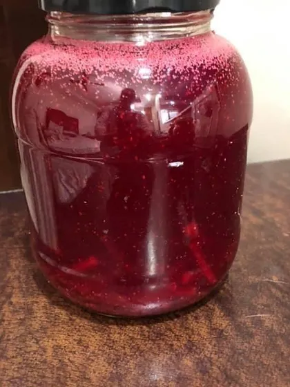 A jar of Kaanji fermenting. You can see the deep, natural colour from the beetroots and carrots. I make this fresh to order.