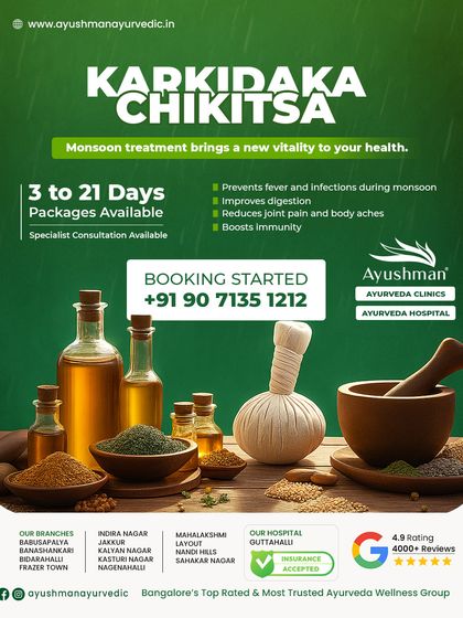 This visual highlights the key benefits of Karkidaka Chikitsa, our monsoon treatment. It is the best time to heal and refresh, as these therapies boost immunity, relieve body pain, improve digestion, and help fight seasonal infections.