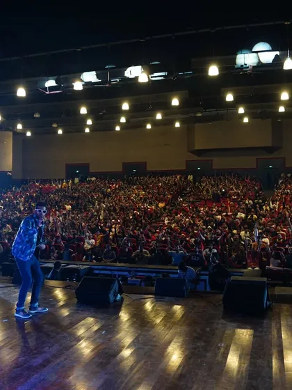 The energy from a packed auditorium is unmatched. This shot captures the incredible vibe while I was hosting at Techfest, IIT Bombay.