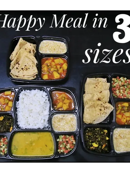 My Happy Meals are available in three different sizes: a full 8-compartment thali, a 5-compartment meal, and a lighter 3-compartment option.