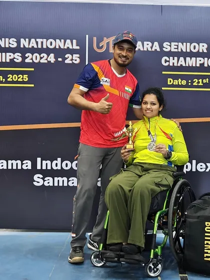 Our disability-inclusive sports mentorship is key to success. Here, National Champion Rajlakshmi celebrates her win with her coach and husband, Akshay Mahanta, who guided her throughout her journey.