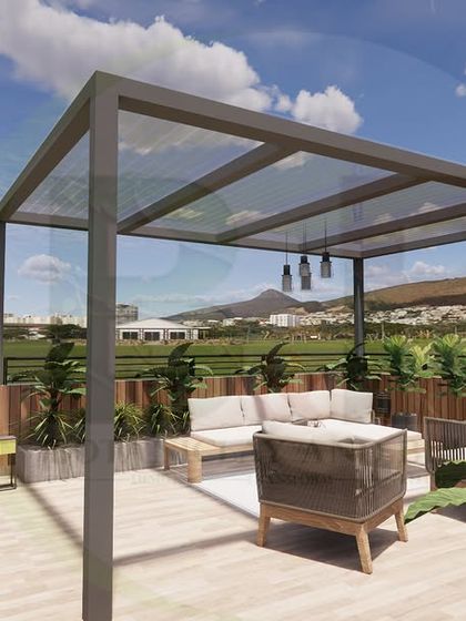 This 3D visualization focuses on a sleek, modern terrace with a freestanding pergola. The design features a minimalist metal frame, a wooden deck, and an outdoor kitchen setup, perfect for contemporary homes.