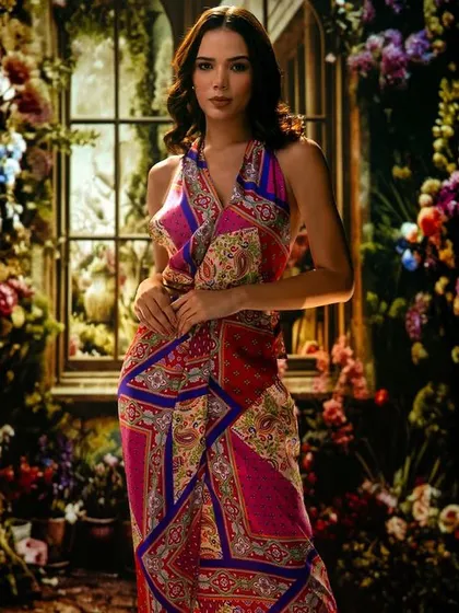 A vibrant, floral world created with projection. This shot demonstrates how to balance a busy, colorful background with a patterned dress, using lighting to ensure the model remains the focal point.