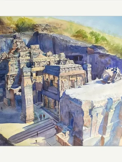 This piece, 'Sacred Heights Of Kailash,' is my watercolour tribute to the incredible Ellora caves. I was amazed that this temple was carved from the top down, and I tried to capture its architectural grandeur and the spiritual energy of the place.