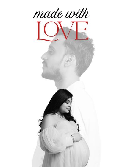 Made with love. This artistic double exposure portrait blends the profiles of both parents-to-be, symbolizing their union in creating a new life. It's a unique and modern way to tell your story.