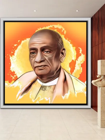 Another display option for the Sardar Patel artwork, shown in a white frame against a modern interior.