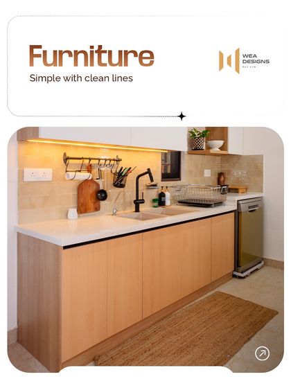 This Japandi kitchen features simple, clean-lined furniture with a light wood finish and a matte black faucet for a touch of modern contrast.