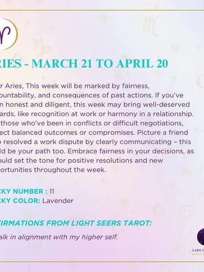 A weekly tarot forecast for Aries. This week will be marked by fairness, accountability, and consequences of past actions. Expect balanced outcomes or compromises.