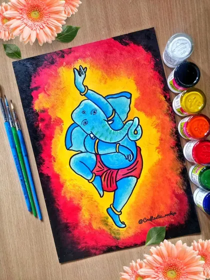 This dancing Ganesha is painted with a fiery background, symbolizing energy and the removal of obstacles. I used a sponging technique to create the blended, glowing effect.