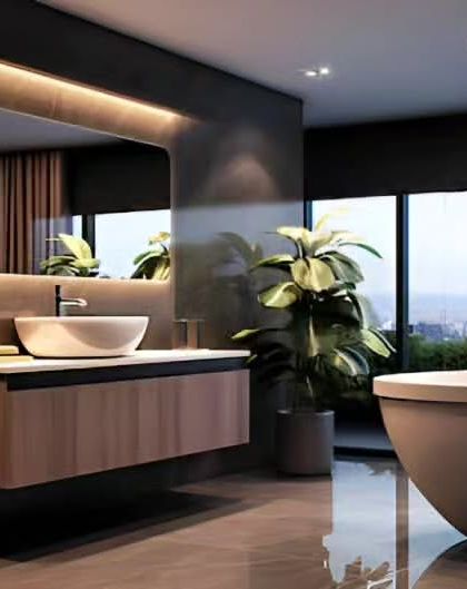 This modern bathroom boasts a stunning city view from a large window next to the freestanding tub. The design features dark, large-format tiles, a floating vanity, and a backlit mirror for a sleek, urban-chic vibe.