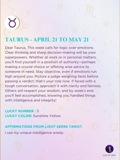 A weekly tarot reading for Taurus that calls for logic over emotions. This forecast shows you in a position of authority, making a crucial choice with clarity and fairness.