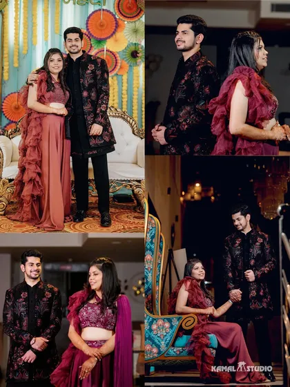 A collage from a Mehendi/Sangeet night, showing the couple's coordinated outfits and romantic poses.