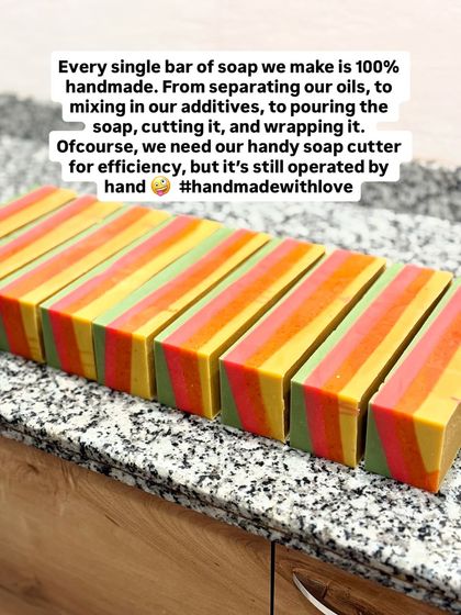 Every single bar of soap we make is 100% handmade. From separating our oils to pouring, cutting, and wrapping, it's all done with love and by hand.