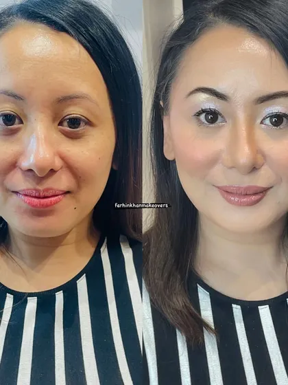 A before and after of the airbrush makeup application, showing how it evens out skin tone and provides a radiant glow.