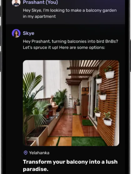 this screen shows a conversational ui in action. i build chatbot interfaces that feel natural and human, helping users find what they need through simple conversation, like getting recommendations for balcony gardening.