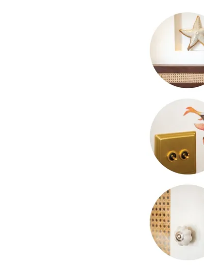 Quirky details make a villa special. This collage shows some of the small, thoughtful touches from our Goa project, including starfish decor, unique fish-themed door handles, and ceramic knobs. These details add personality and charm to the space.