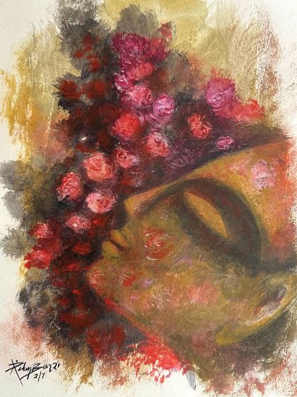 An abstract acrylic on paper painting of a face surrounded by a bouquet of red and pink roses.