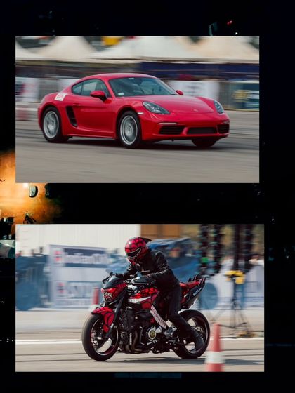 Supercars like the Porsche 718 Cayman and powerful superbikes share the track, showcasing the best of four-wheel and two-wheel performance.