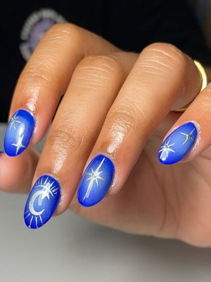 The complete cosmic set. Learning to create themed art like this allows you to cater to clients looking for unique, statement-making nails.