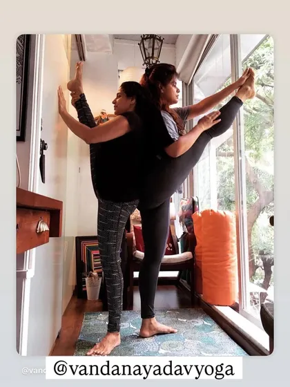 Stretch, stretch, stretch. A beautiful partner stretch with my student Nitu, using each other for support to deepen the standing split.