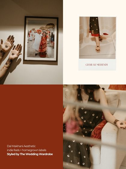 A mood board from our 'Dal Makhani Aesthetic' series for an at-home mehendi. It shows how we combine details like henna, decor, and outfit close-ups to create a cohesive visual story for each event.