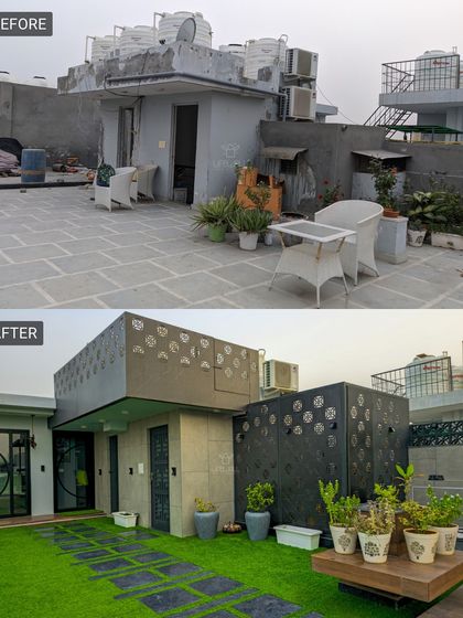 This rooftop utility area was transformed into a stylish extension of the home. We used decorative jaali panels to screen off unsightly elements and create a cohesive, modern look with new planters and pathways.