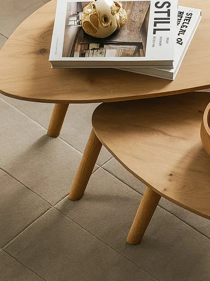 An overhead shot showing the texture and grain of the oak wood on the nested tables. I ensure every piece of wood is carefully selected for its quality and character.