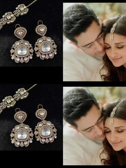 A collage showing the Parineeti Chopra inspired earring and maang tikka set, both on display and as worn by the actress. I can recreate any celebrity look you desire.