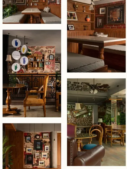 A collage from the Love That Design feature, showcasing the various eclectic and cozy corners of Echoes. The images capture the café's unique blend of rustic charm and curated maximalism.