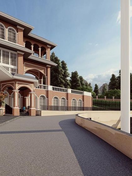 The entrance and drop-off area of the school are designed for efficiency and safety, with a covered walkway providing shelter. The architecture, featuring exposed brick and classical arches, establishes a tone of academic heritage and prestige from the moment one arrives on campus.