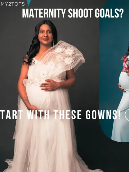 A video posing the question "Maternity shoot goals?", featuring our elegant white ruffled and light blue fitted gowns.