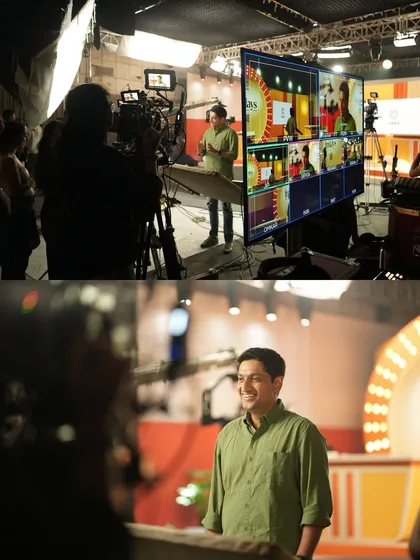 A look at the video village and the final set for the CRED commercial. Our lighting created a clean, bright, and modern look for the talk show-style set.