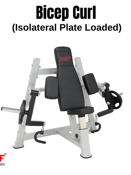 A side view of the Isolateral Bicep Curl machine, highlighting its ergonomic pads and biomechanically correct pivot points.