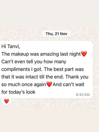 A screenshot of a client's message the morning after her cocktail party. Getting compliments and having the makeup last all night is the goal.