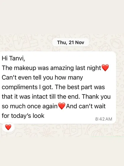 A screenshot of a happy client's message after her cocktail party. My makeup is designed to be dance-proof and last all night long.