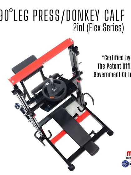 Our patented 2-in-1 90-Degree Leg Press and Donkey Calf machine. The certification from the Patent Office is a mark of our unique, innovative Indian design.