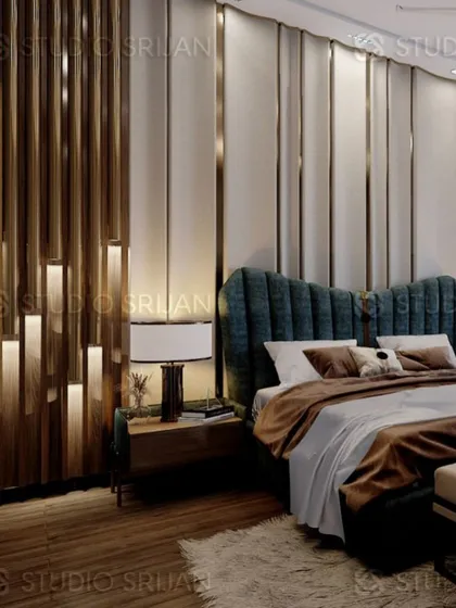 A closer look at the custom headboard wall, which combines upholstered panels with vertical wooden slats and integrated lighting.
