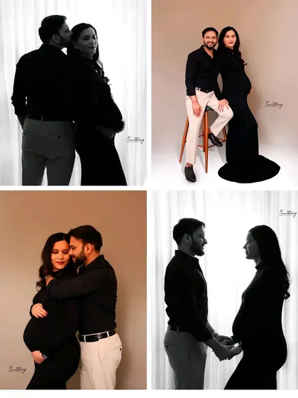 A collage of images from a classic couple's shoot in black. It showcases a variety of poses, from silhouettes to intimate embraces, capturing the full story of their connection.