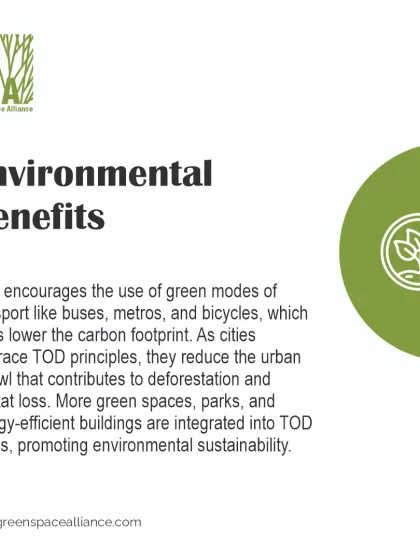 An infographic on the environmental benefits of TOD. By encouraging green modes of transport like buses and metros and integrating green spaces into TOD zones, our designs help lower carbon footprints and promote environmental sustainability.