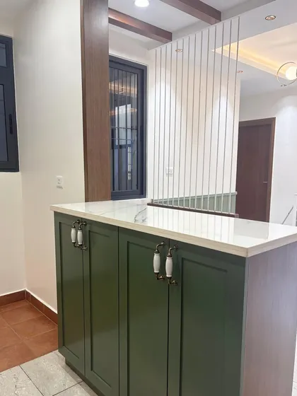 A view of the green kitchen's island and cabinetry, showcasing the seamless design.