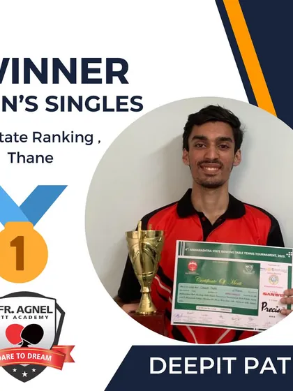 A graphic celebrating Deepit Patil's gold medal win in Men’s Singles at the 4th Maharashtra State Ranking tournament in Thane.